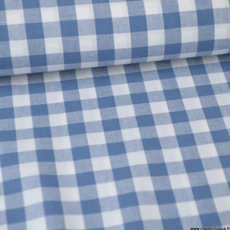 Tissu vichy grands carreaux sur Popeline coloris bleu jean Denim - OEKO TEX