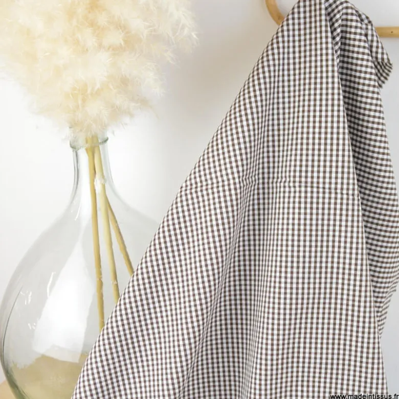 Tissu vichy petits carreaux marron et blanc - OEKO TEX