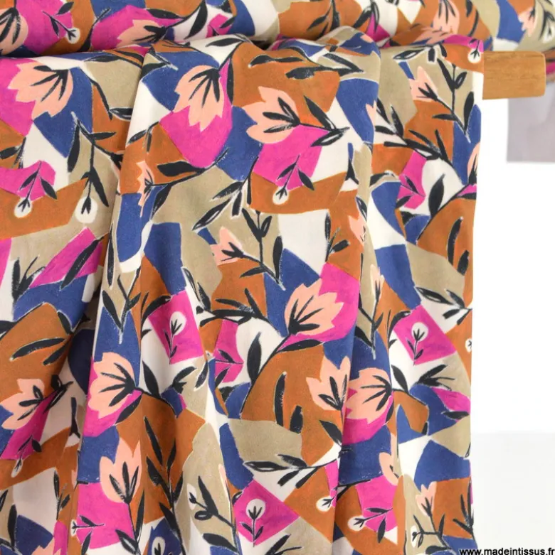 Tissu viscose imprimée Paloma – fleurs graphiques fuchsia, ocre et bleu
