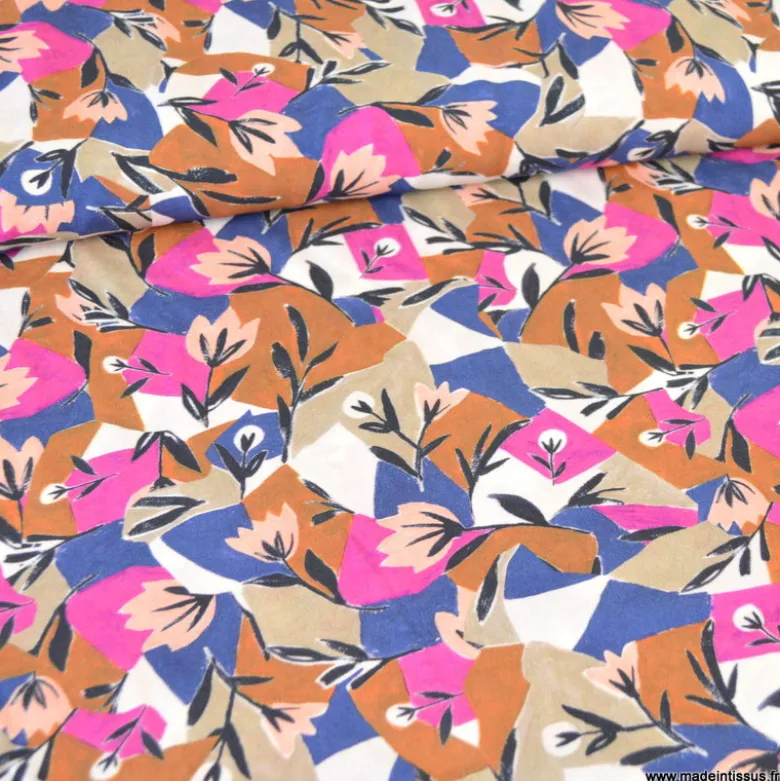Tissu viscose imprimée Paloma – fleurs graphiques fuchsia, ocre et bleu