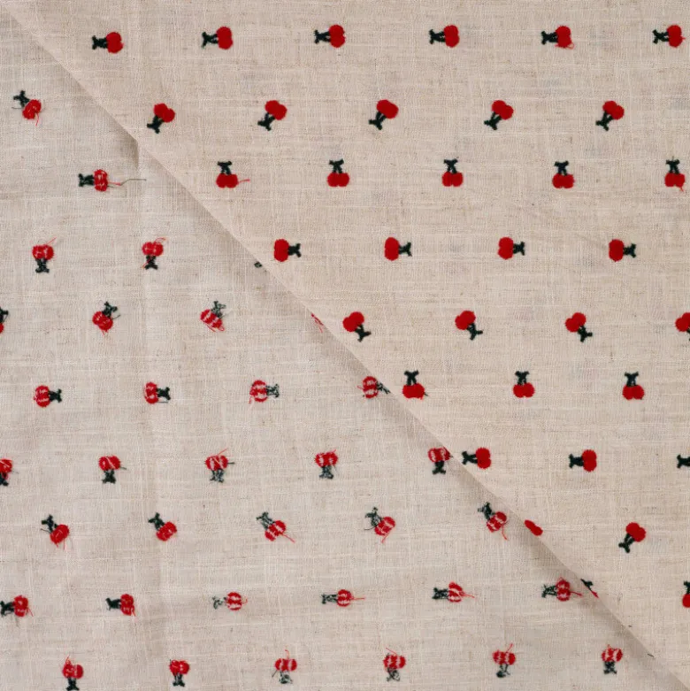 Tissu viscose lin brodé cerises rouges - fond sable