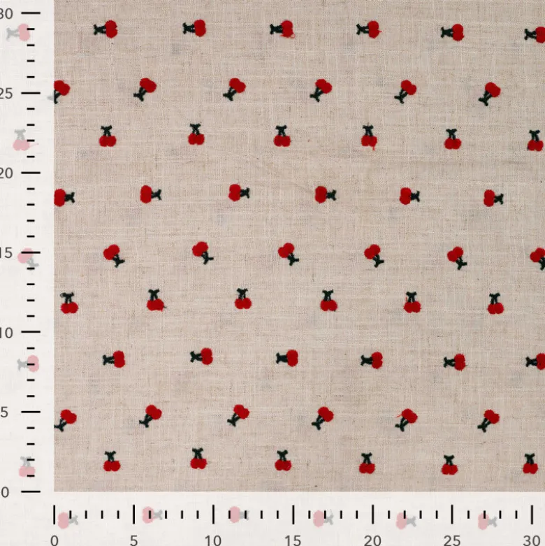 Tissu viscose lin brodé cerises rouges - fond sable