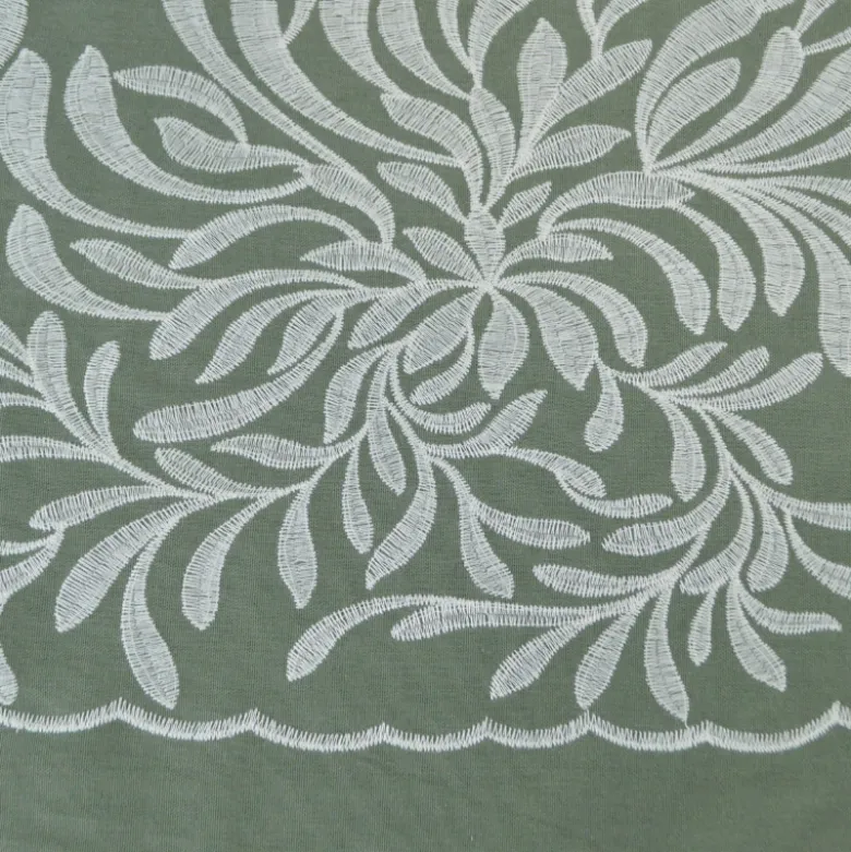 Tissu viscose lin brodé & festonné - Vert