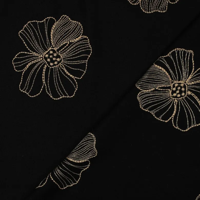 Tissu viscose lin motif fleurs sables fond noir