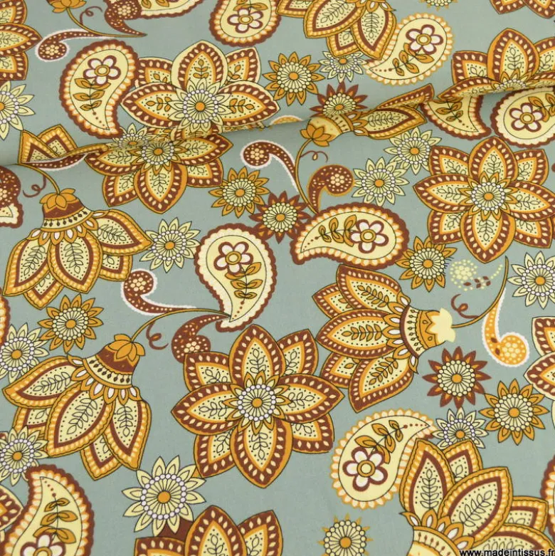 Tissu Viscose motif fleurs cachemire fond Gris