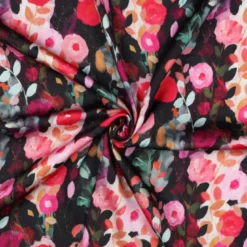 Tissu viscose motif fleurs roses et fuchsia fond Noir