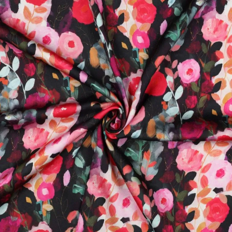 Tissu viscose motif fleurs roses et fuchsia fond Noir