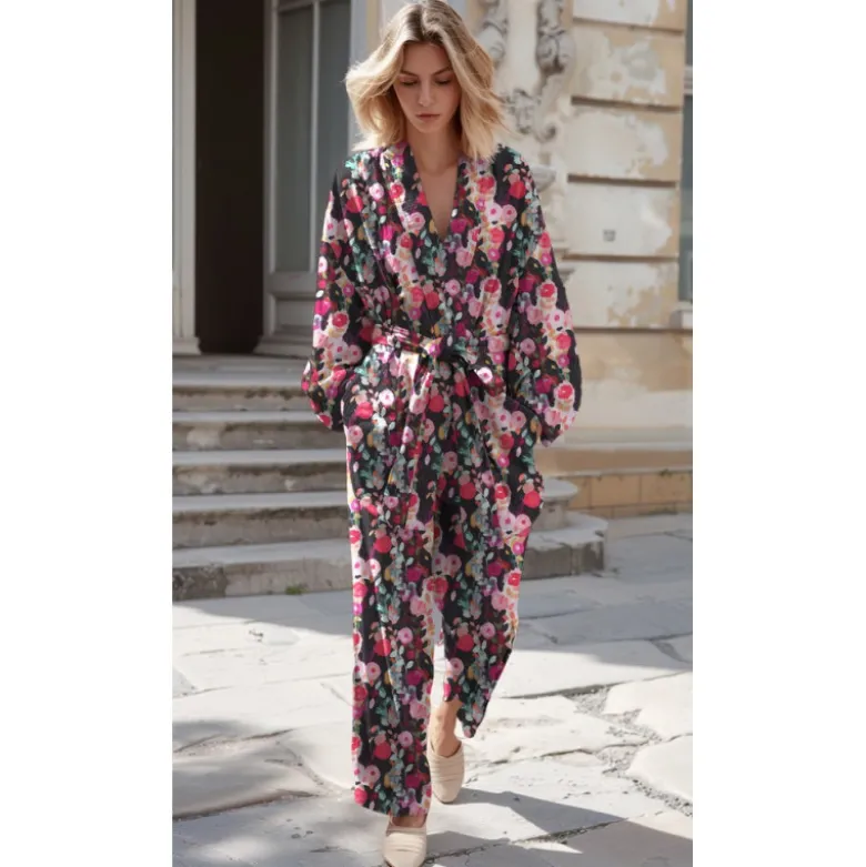 Tissu viscose motif fleurs roses et fuchsia fond Noir