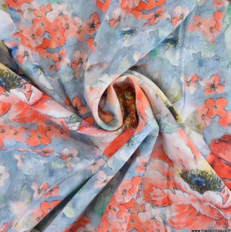 Tissu Viscose motif fleurs roses et bleues - Livia