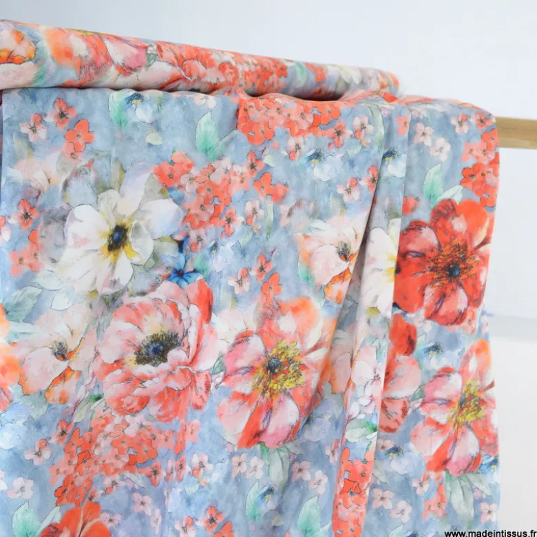 Tissu Viscose motif fleurs roses et bleues - Livia