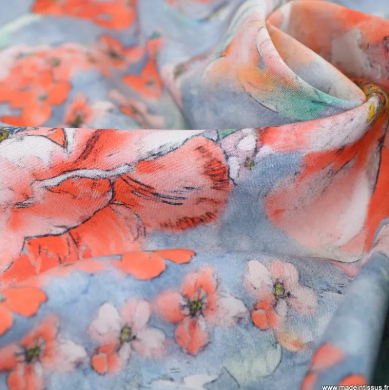 Tissu Viscose motif fleurs roses et bleues - Livia
