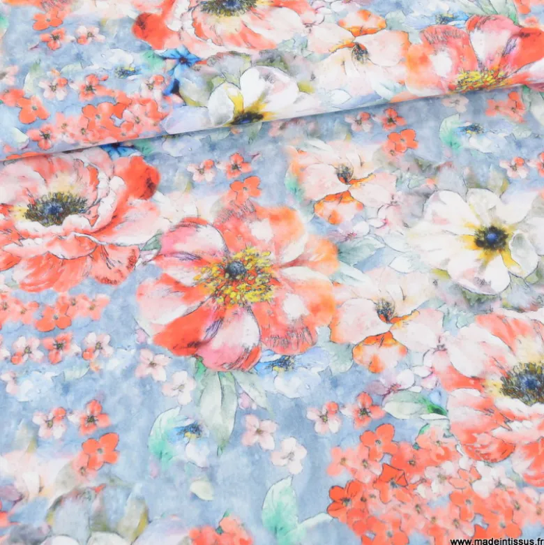 Tissu Viscose motif fleurs roses et bleues - Livia