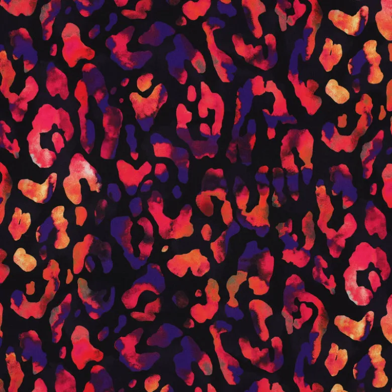 Tissu viscose motif léopard rose orange fond noir