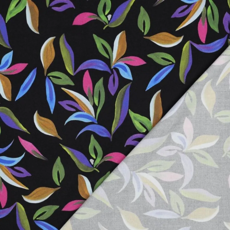 Tissu viscose stretch motif feuillage bleu vert fond noir