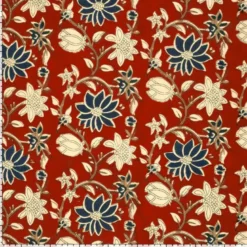 Tissu voile de coton indien Chandra Bagh – fond rouge & fleurs indigo