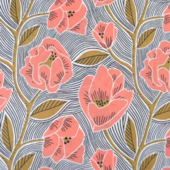 Tissu voile de coton motif fleurs corail et ocre fond rayé