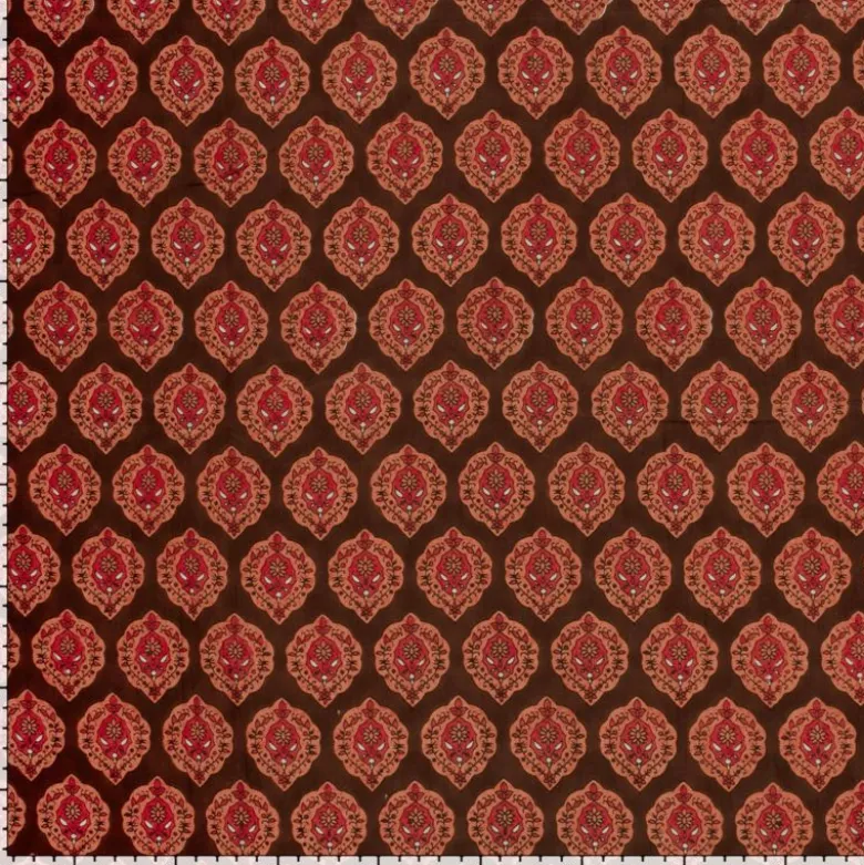 Tissu voile de coton Rajani – Motif block print rouge & brun
