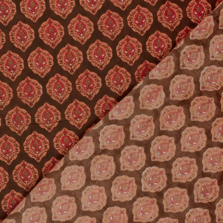 Tissu voile de coton Rajani – Motif block print rouge & brun