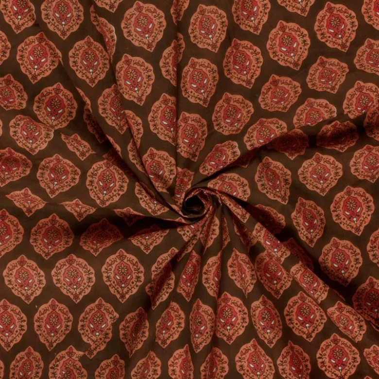 Tissu voile de coton Rajani – Motif block print rouge & brun