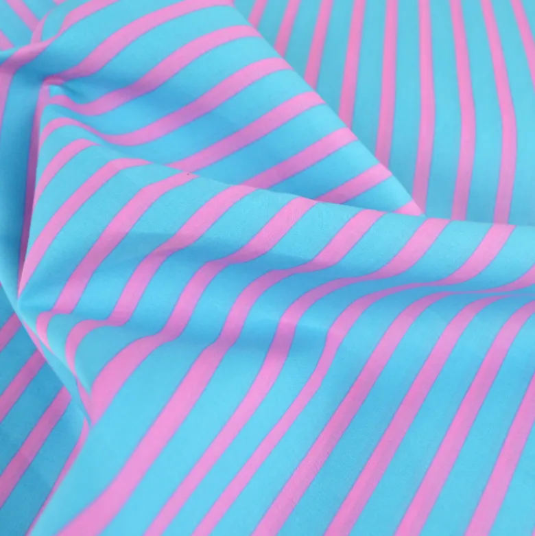 Tissu voile de coton Rudayan à rayures rose fond turquoise