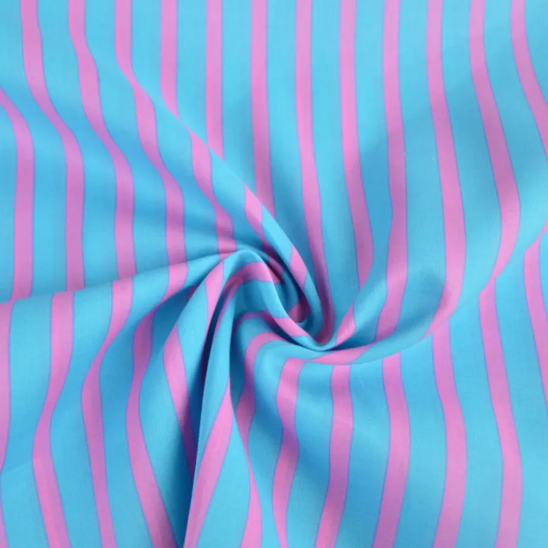 Tissu voile de coton Rudayan à rayures rose fond turquoise
