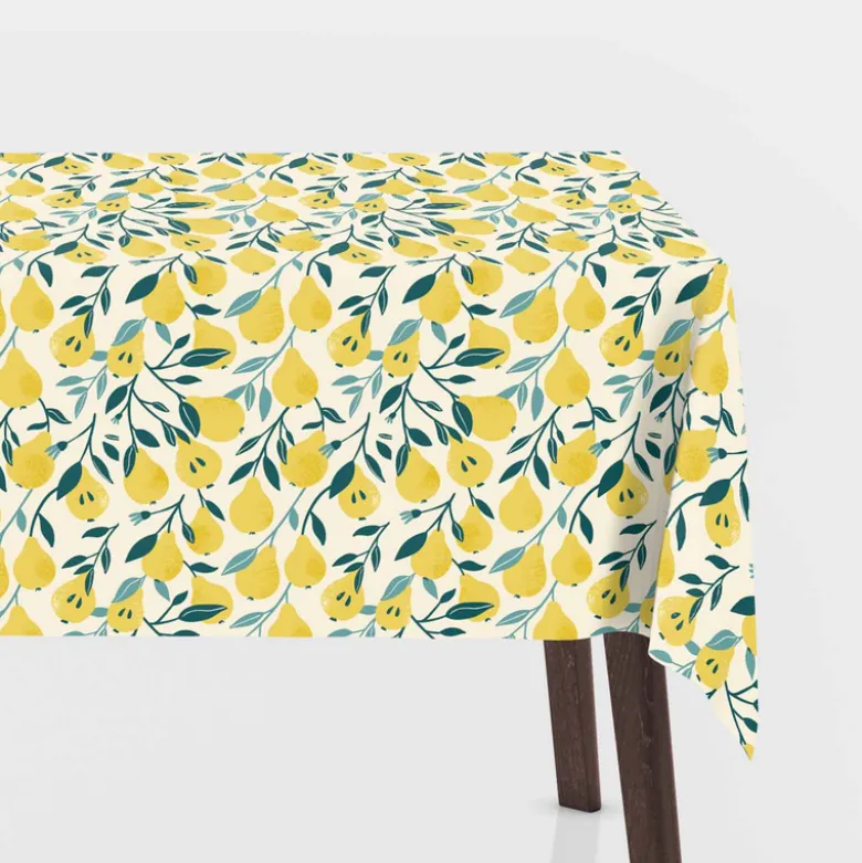 Toile cirée motif poires jaunes fond blanc cassé