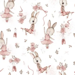 Toile de coton motif ballerine lapin et fleurs