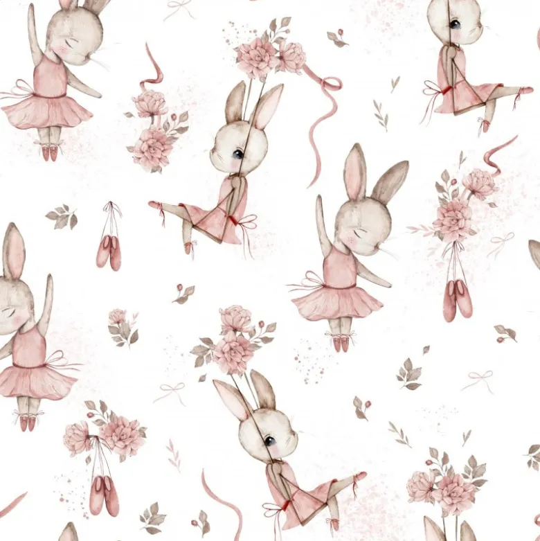 Toile de coton motif ballerine lapin et fleurs