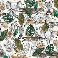 Toile de coton motif bébés animaux de la jungle Kaki