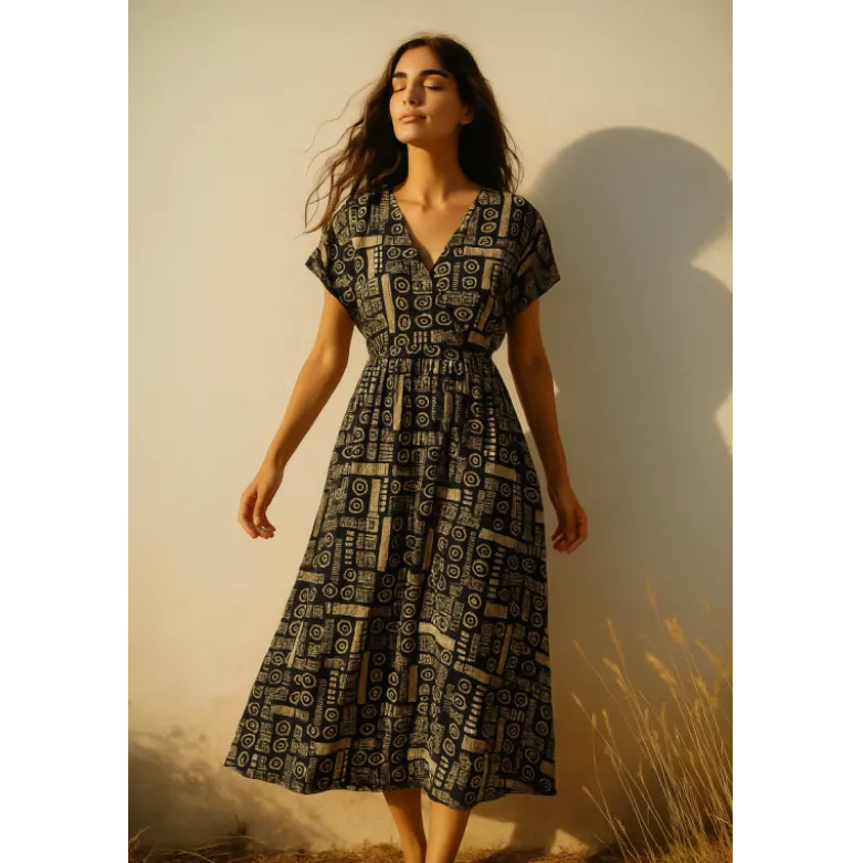 Viscose Batik Java – Motifs géométriques écrus sur fond bleu nuit