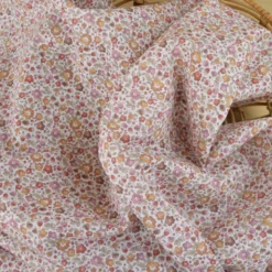 Voile de coton BIO motif fleurs bordeaux et camel -oeko tex