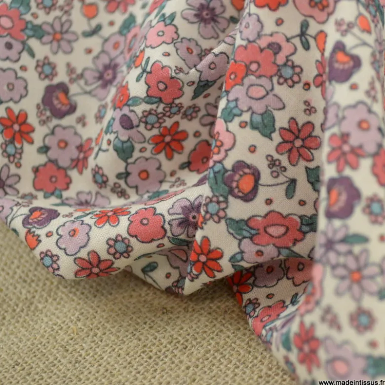 Voile de coton Bio & OEKO TEX motifs fleurs roses et parme