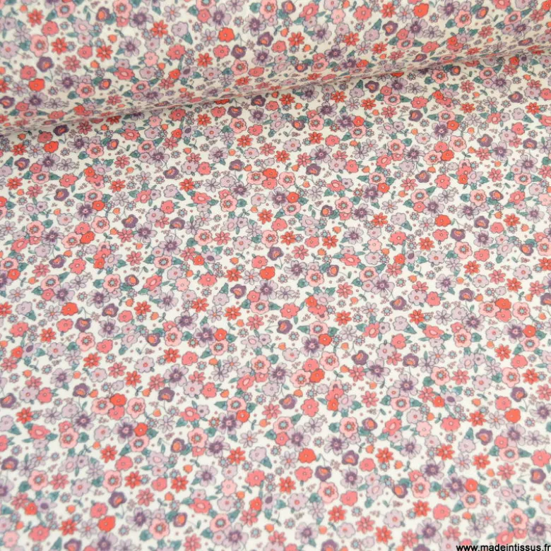 Voile de coton Bio & OEKO TEX motifs fleurs roses et parme