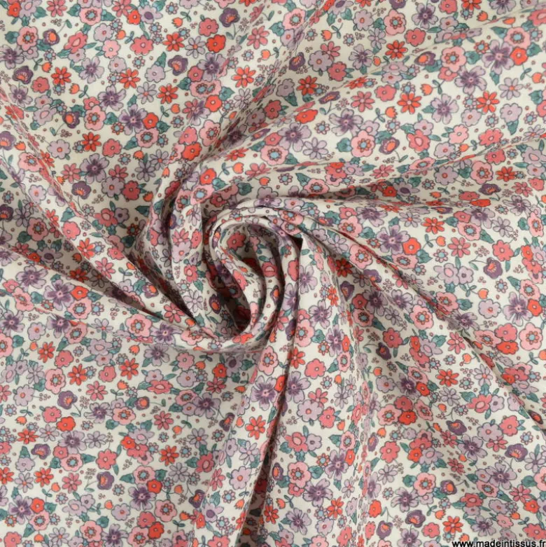 Voile de coton Bio & OEKO TEX motifs fleurs roses et parme
