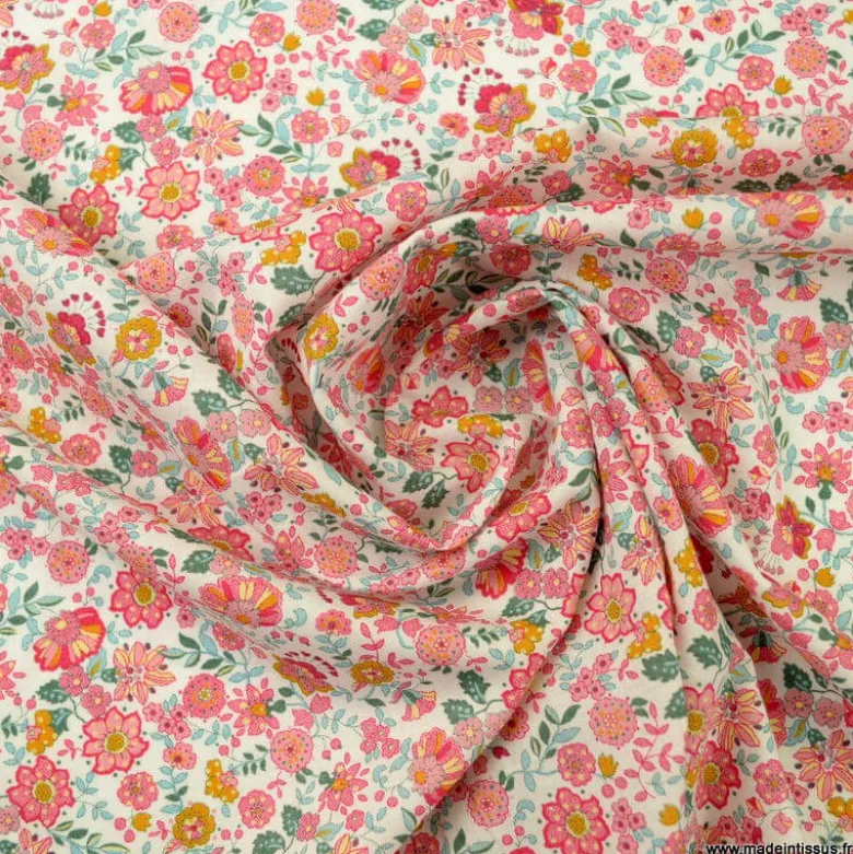 Voile de coton Bio & OEKO TEX motifs fleurs roses et fuchsia