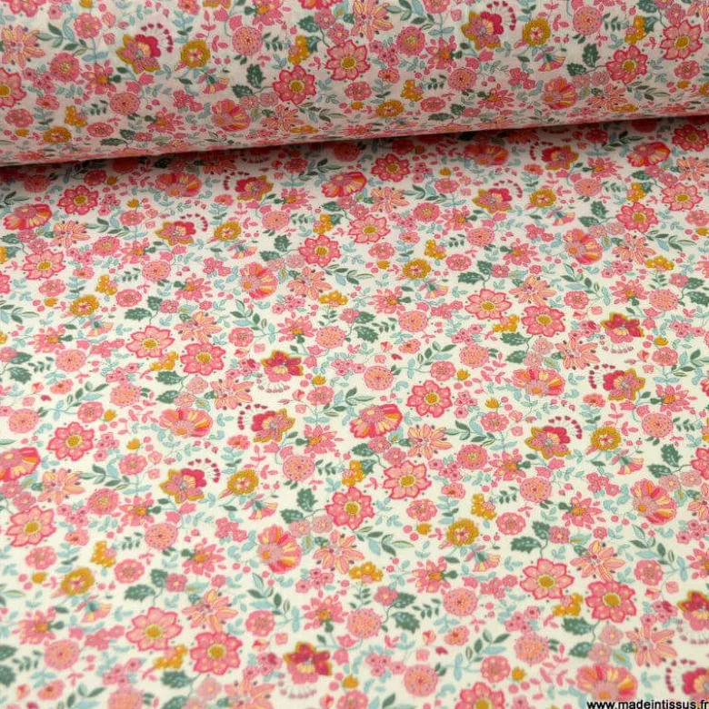 Voile de coton Bio & OEKO TEX motifs fleurs roses et fuchsia