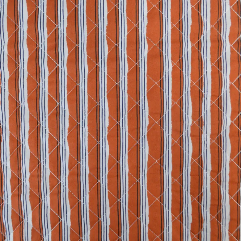 Voile de coton matelassée Khimsar motif fleurs et rayures Cognac