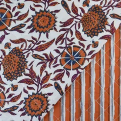 Voile de coton matelassée Khimsar motif fleurs et rayures Cognac
