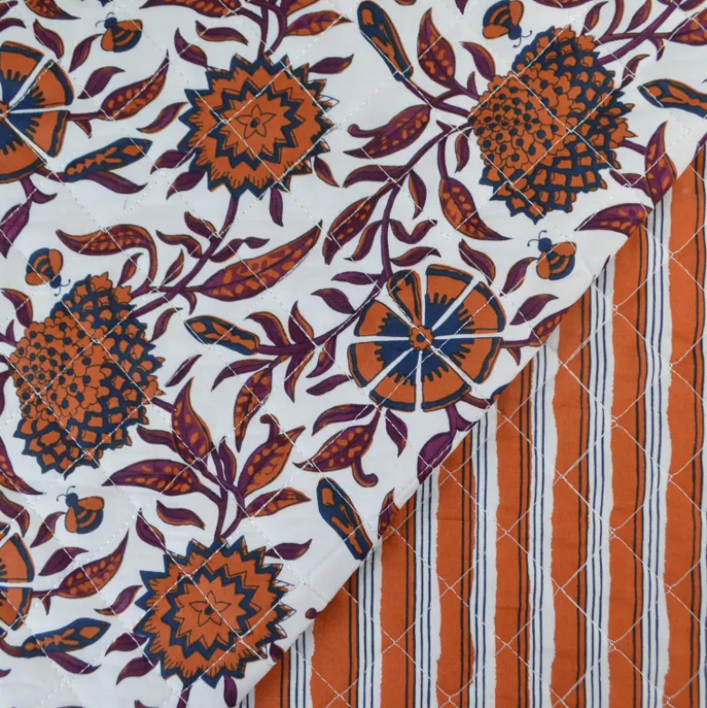 Voile de coton matelassée Khimsar motif fleurs et rayures Cognac
