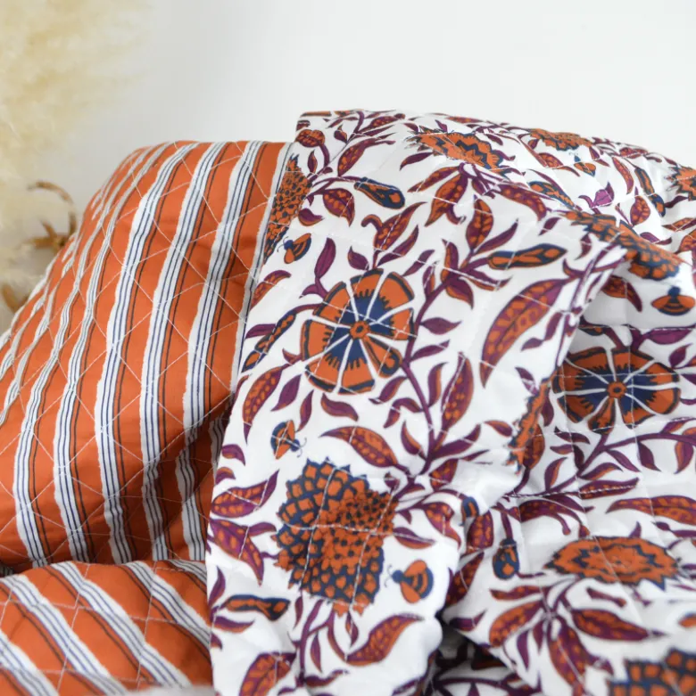 Voile de coton matelassée Khimsar motif fleurs et rayures Cognac