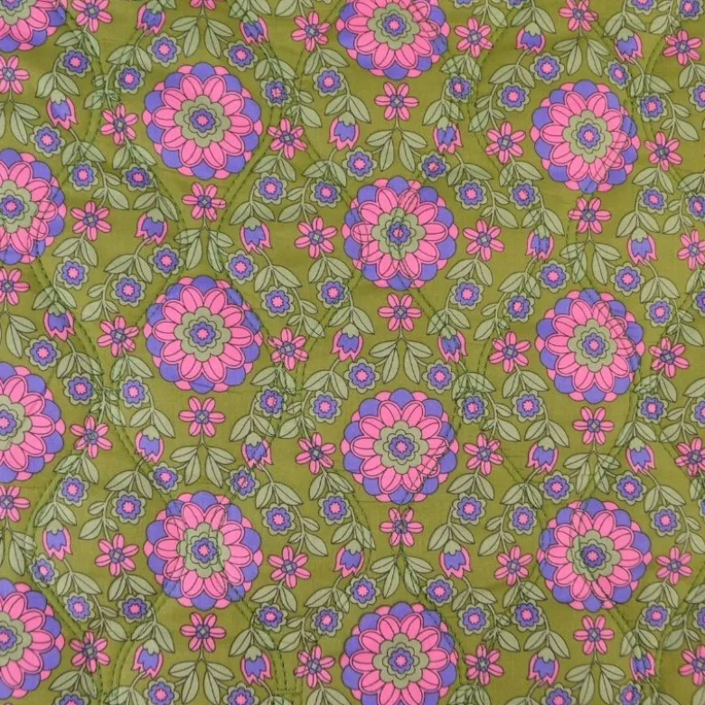 Voile de coton matelassée motif fleurs et rayures vert et violet