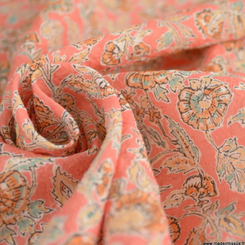 Voile de coton motif fleurs indiennes fond rose - OEKO TEX