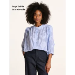 Voile de coton tissé teint à rayures et motif fleurs - Bleu